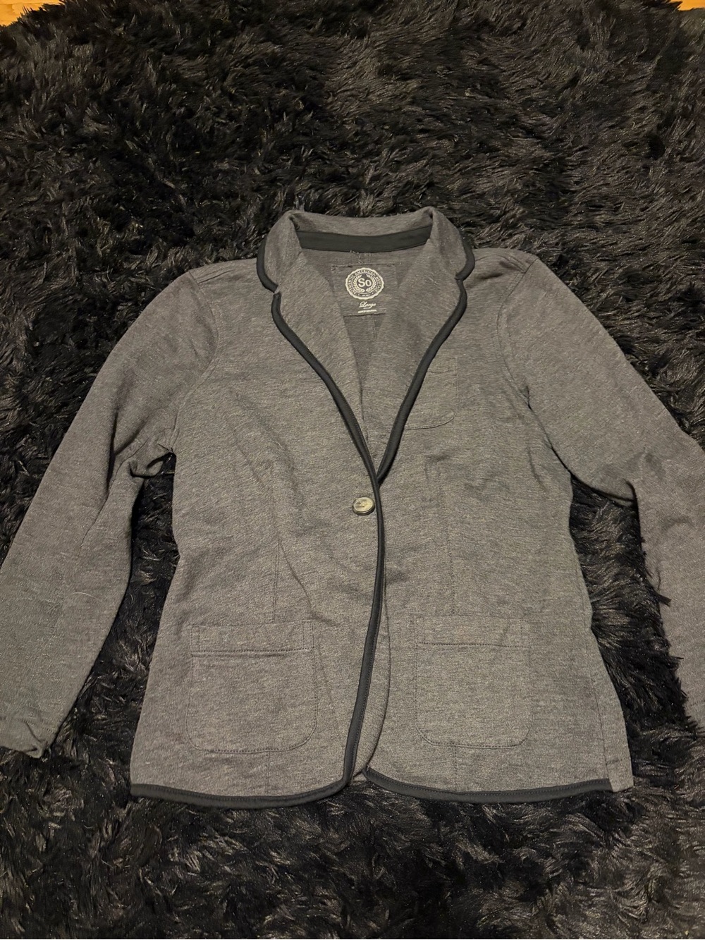 SO Charcoal Gray Knit Blazer with Contrast Trim